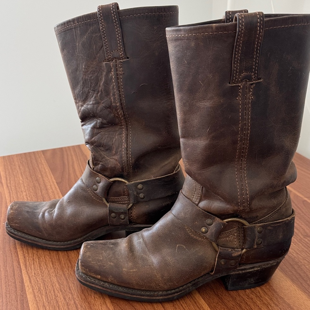 Frye Harness 12R Boots - women’s Brown Leather Mid-Calf Roper Boots - Picture 5 of 15